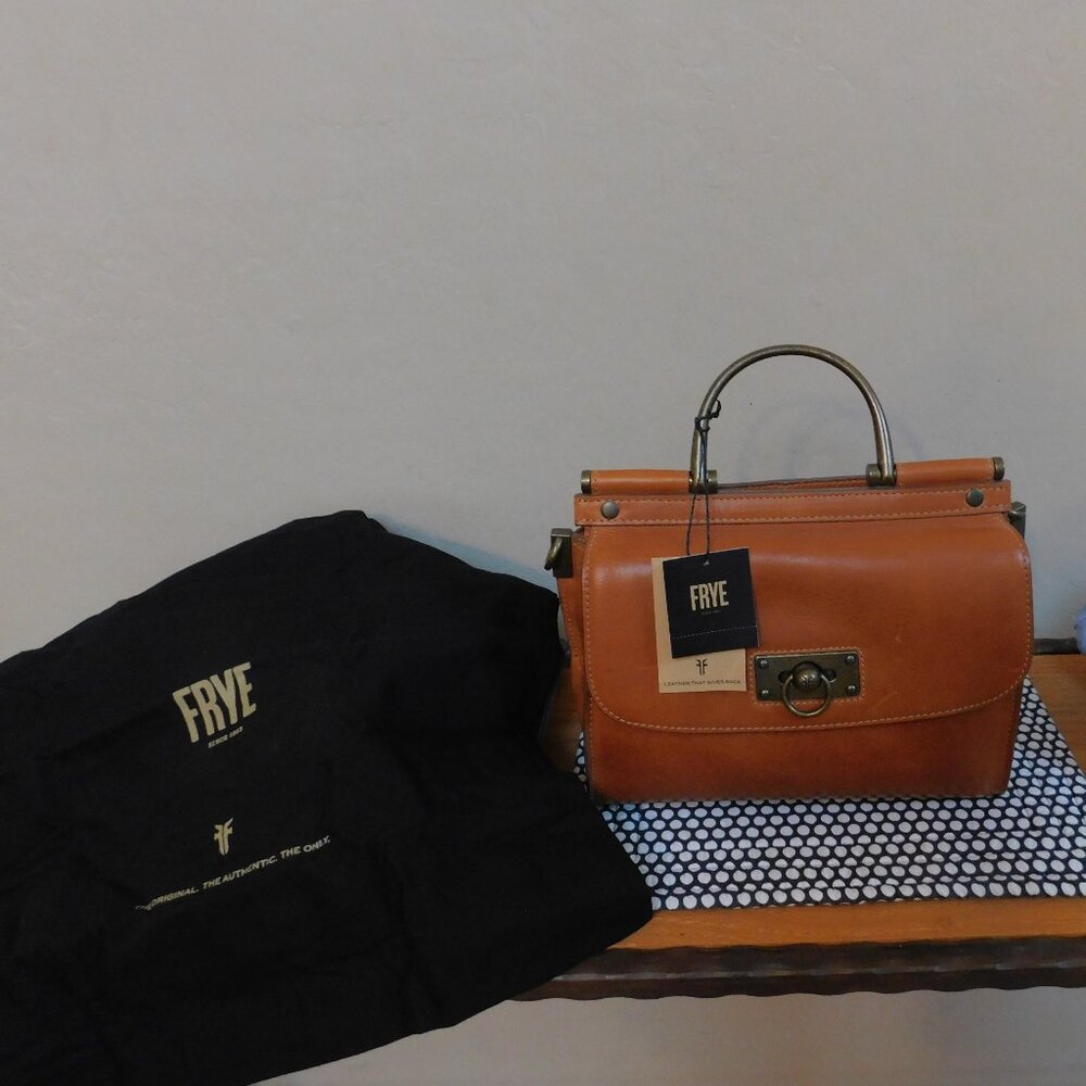 NWT Frye Farrah cognac leather satchel metal top handle tote bag crossbody purse - Picture 7 of 16